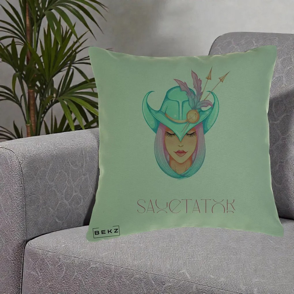 Perna Personalizata Zodiac Sagetator Cowgirl, 40x40 cm, Verde, Husa Detasabila, Perna Inclusa, BEKZ®
