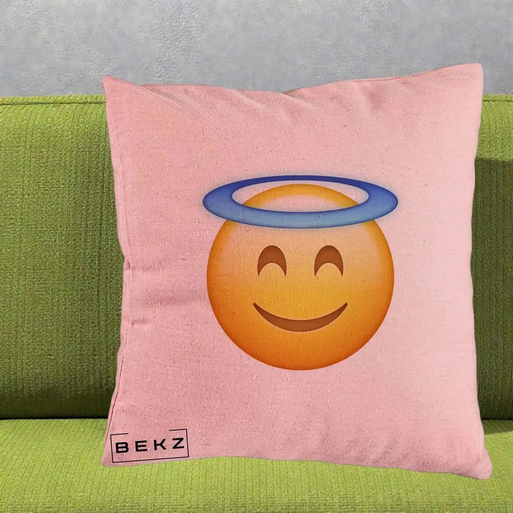 Perna Decorativa Emoji Inger cu Aureola, 40x40 cm, Roz, Husa Detasabila, Perna Inclusa, BEKZ®