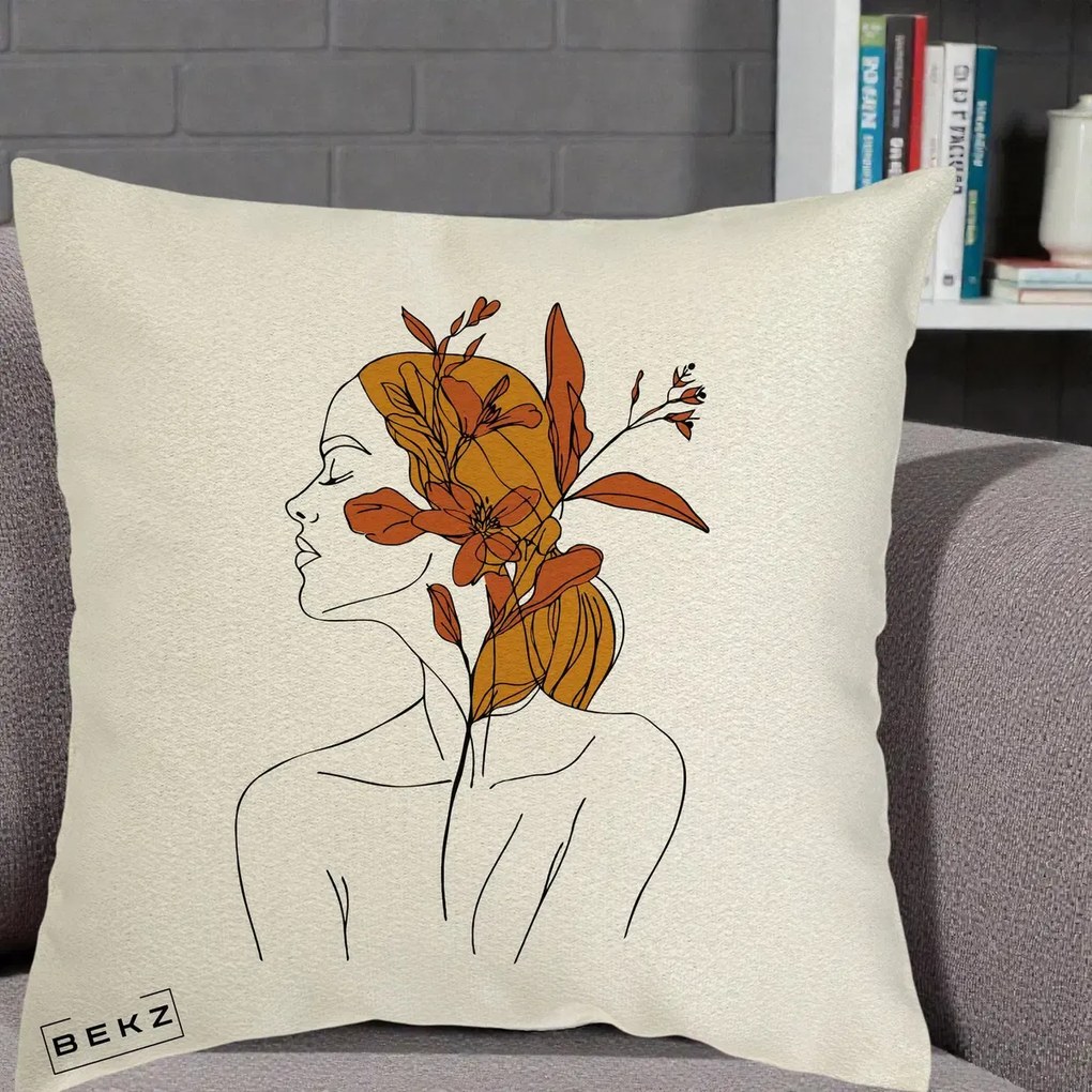 Perna Decorativa Portret Feminin Crin Ruginiu Auriu, 40x40 cm, Ecru, Husa Detasabila, Perna Inclusa, BEKZ®