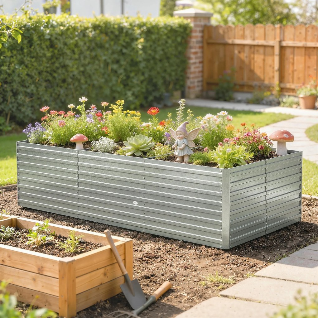Outsunny Jardineră exterioară, jardineră ridicată galvanizată cu bordură de siguranță și fund deschis 240 x 120 x 60 cm gri argintiu | Aosom Romania