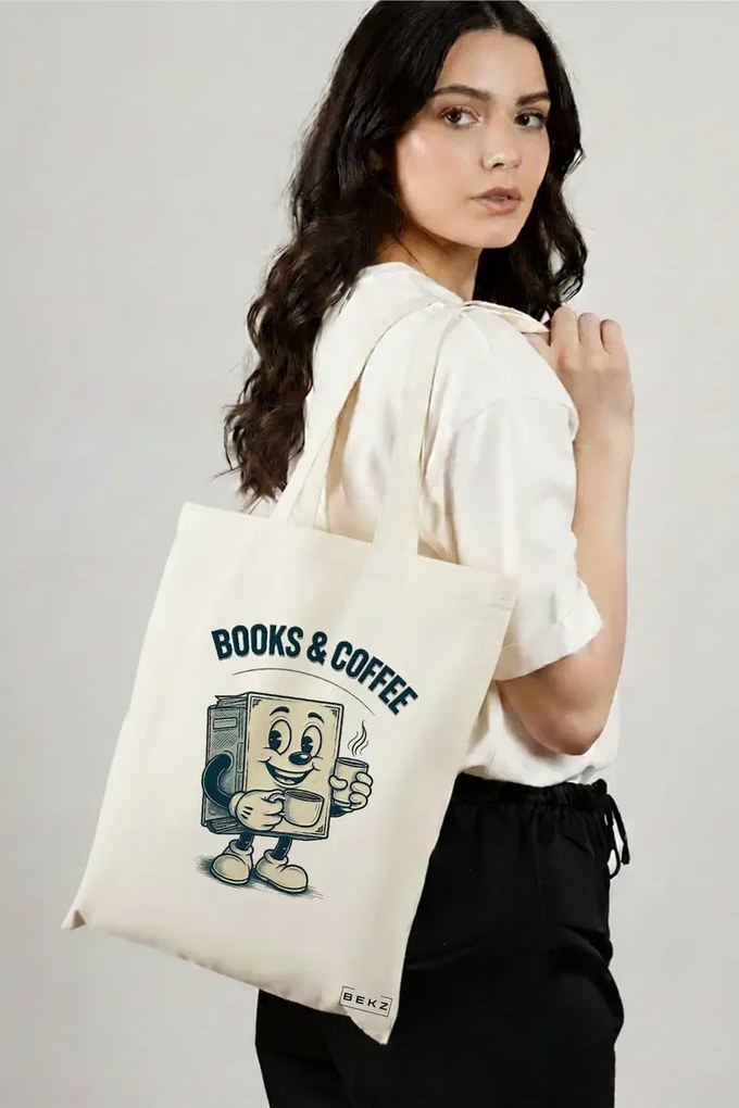 Sacosa de Panza pentru Cumparaturi, Geanta Tote, model Books & Coffee 38 x 34.5 cm, Alba, BEKZ®