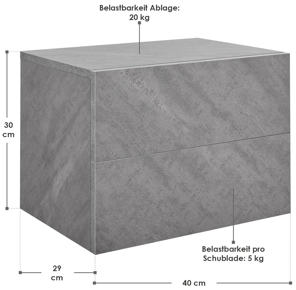 Noptiera 40x29x30 cm cu 2 sertare, aspect beton