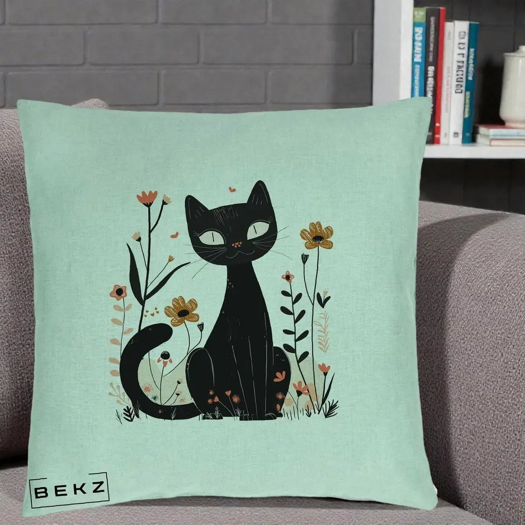 Perna Decorativa Pisica Neagra Flori Pastel Folk, 40x40 cm, Verde Menta, Husa Detasabila, Perna Inclusa, BEKZ®
