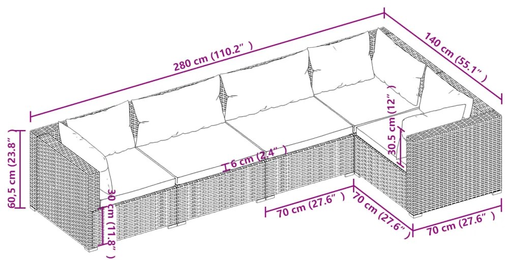 Set mobilier de grădină cu perne, 5 piese, negru, poliratan