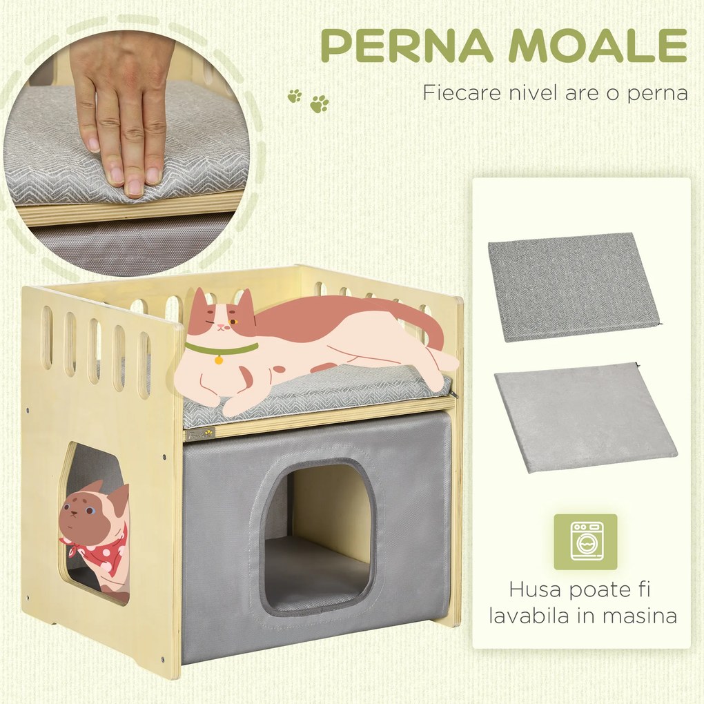 PawHut Casa pentru pisici cu 2 niveluri, cu perne detasabile si sine de siguranta, 48x38x47 cm, lemn, alb si gri | Aosom RO