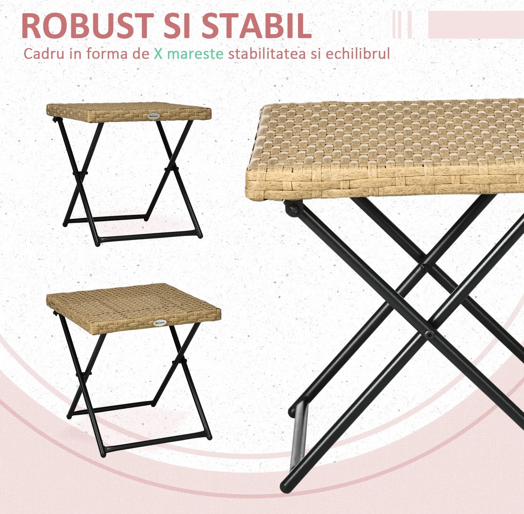 Outsunny Masuta pentru Gradina Pliabila din Ratan Sintetic si Otel, Masuta pentru Exterior Economie Spatiu 40x40x40cm, Culoare Ratan Natural