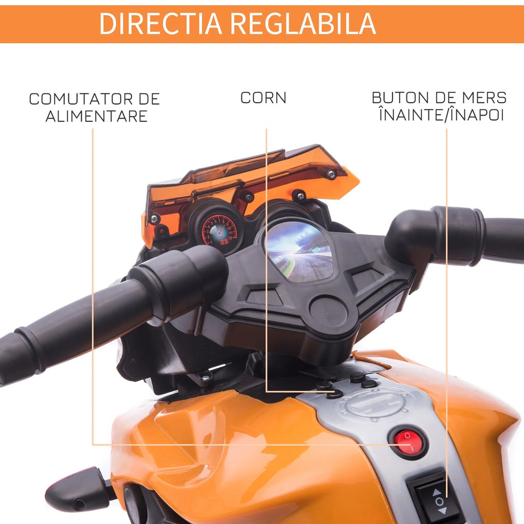 HOMCOM Motocicletă Electrică pentru Copii 18-48 Luni Faruri Claxon Viteză 3km/h Portocaliu | Aosom Romania