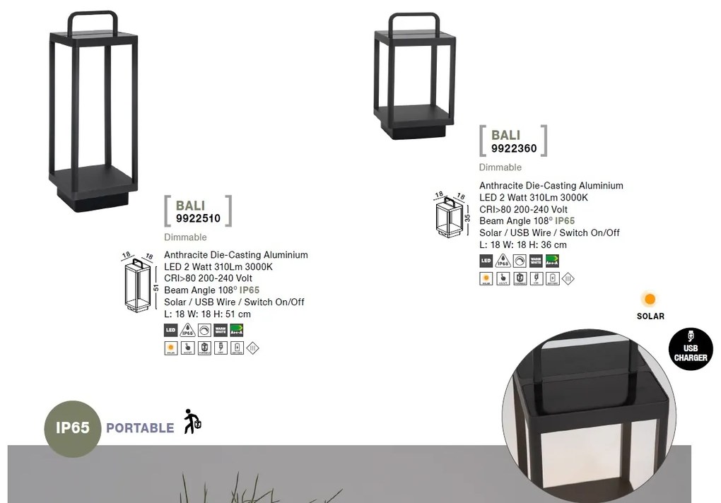 Lampa LED solara portabila pentru iluminat exterior IP65 BALI H-36cm