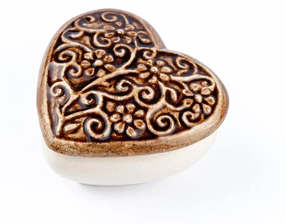 Cutiuta bijuterii din ceramica, inima maro, detalii florale