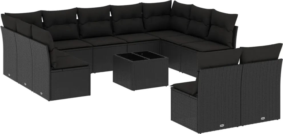 vidaXL Set canapele de grădină, 12 piese, cu perne, negru, poliratan