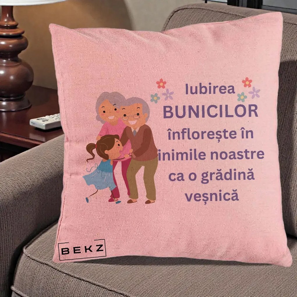 Cadou pentru Bunici - Perna Personalizata Bunicii Iubirea Infloreste Bunici cu Nepoata Colorat, 40x40 cm, Roz, Husa Detasabila, Perna Inclusa, BEKZ®