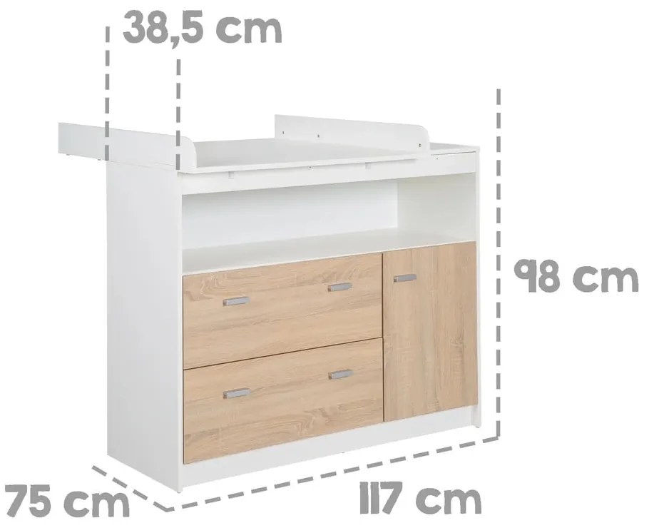 Comodă de copii albă/în culoare naturală joasă cu aspect de lemn de stejar cu masă de schimbat 117x98 cm Gabriella – Roba