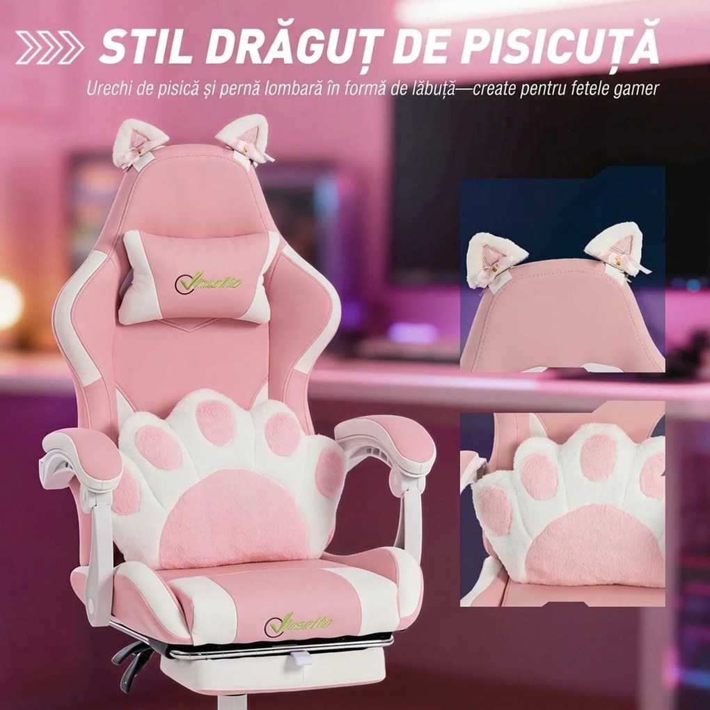 Vinsetto Scaun Gaming Ergonomic cu Urechi de Pisică, Fotoliu Gaming Birou Reclinabil din Piele Eco cu Suport pentru Picioare, Tetieră și Înălțime Reglabilă, Suport Lombar și Cervical, Roz | Aosom Romania