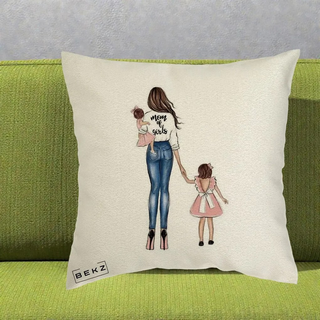 Cadou pentru Mama - Perna Personalizata Mom of Girls Mama cu Fetele, 40x40 cm, Ecru, Husa Detasabila, Perna Inclusa, BEKZ®