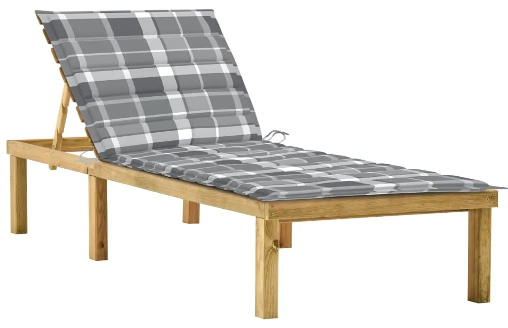 vidaXL Șezlong cu pernă gri carouri, lemn de pin tratat
