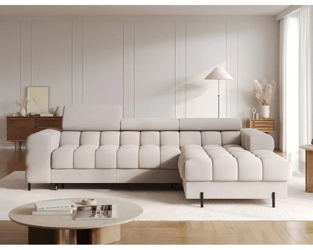 Colțar bej extensibil/cu spațiu de depozitare cu tapițerie din catifea (cu colț pe partea dreaptă/cu șezlong) Felro – ELTAP