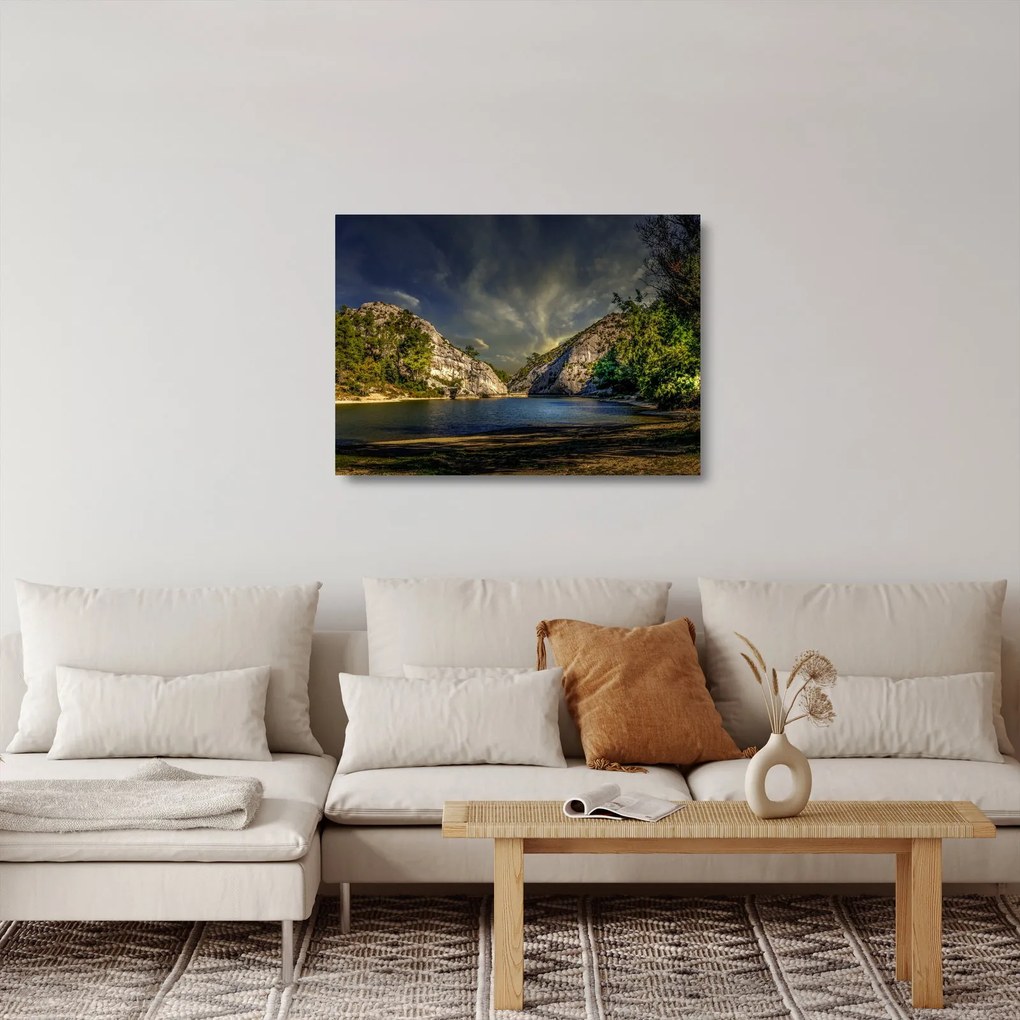 Tablou pe sticlă peisajului cu lac (70x50 cm)