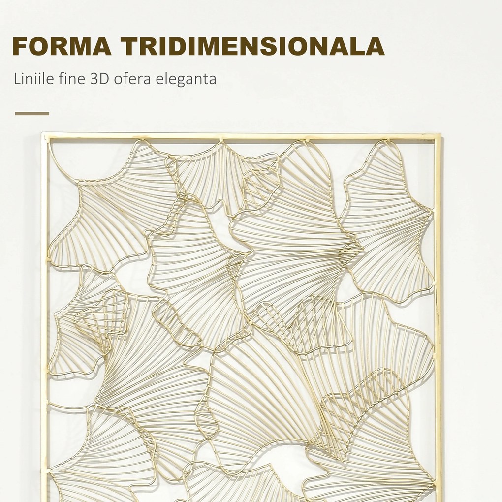 HOMCOM Decor de perete metalic 3D, decoratiune de perete aurie cu cadru dreptunghiular si frunze de ginkgo, 50 x 85 cm | AOSOM RO
