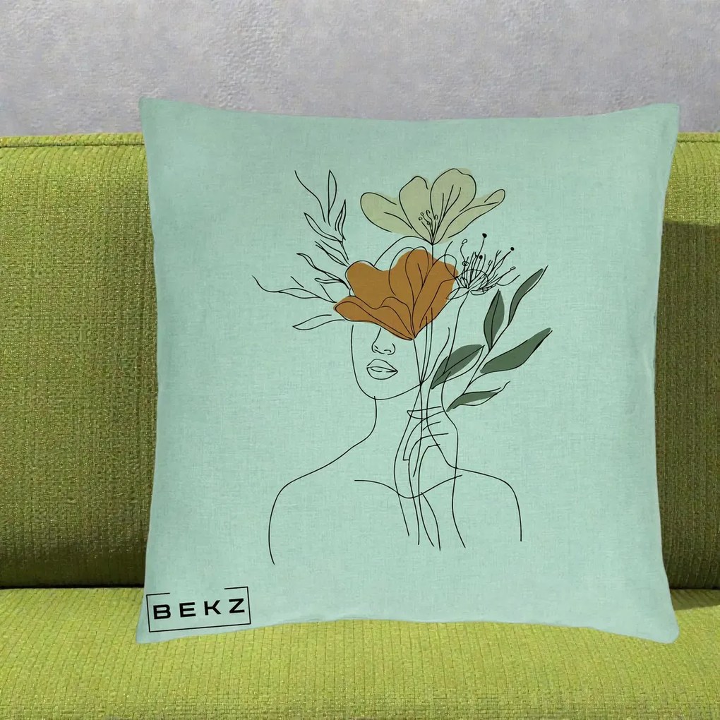 Perna Decorativa Portret Feminin Coroana Florala, 40x40 cm, Verde Menta, Husa Detasabila, Perna Inclusa, BEKZ®