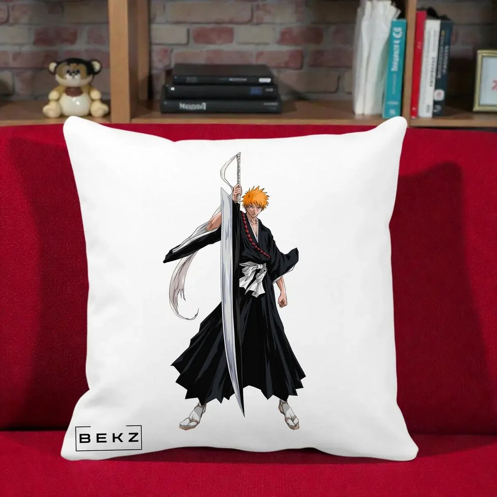 Perna Personalizata Bleach Ichigo Kurosaki Zangetsu, 40x40 cm, Alba Mata, Husa Detasabila, Perna Inclusa, BEKZ®