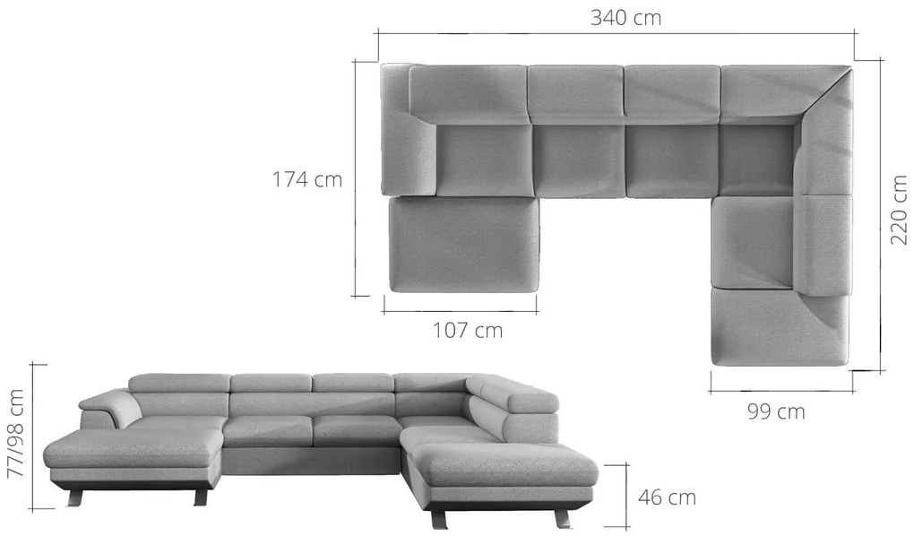 Coltar living extensibil Phoenix XL pe dreapta – L340 x l220 x h98 cm