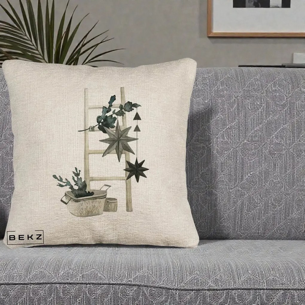 Perna Decorativa Scara Scandinavica cu Stele, 40x40 cm, Bej Canapea, Husa Detasabila, Perna Inclusa, BEKZ®