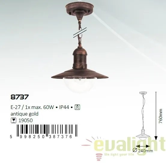 Lustra, Pendul de exterior cu protectie IP44, finisaj auriu antic, diametru 24cm, Oslo 8737 RX