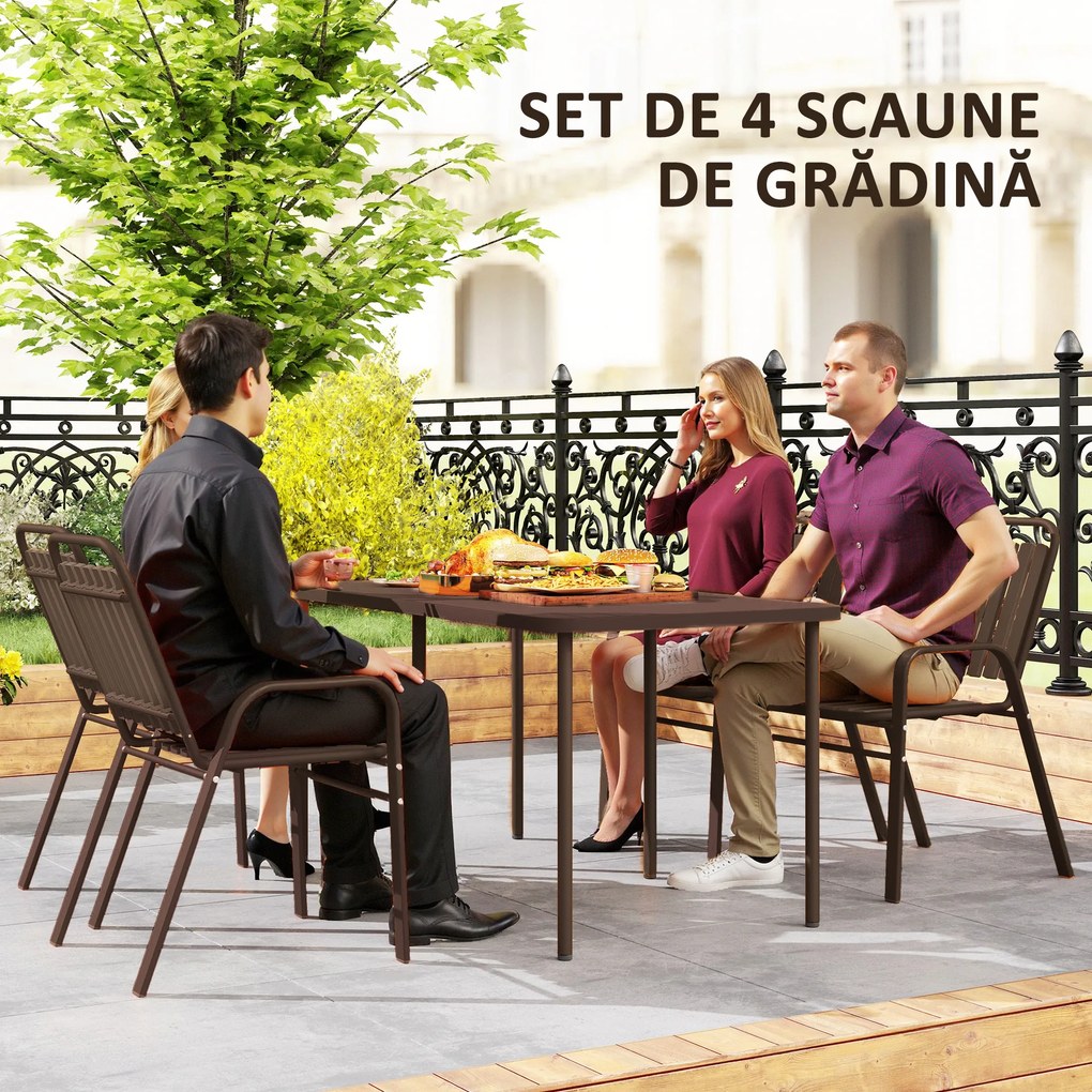 Outsunny Set de 4 Scaune de Grădină Stivuibile cu Spătar Înalt și Brațe, 56x66x91 cm, Maro Închis | Aosom Romania