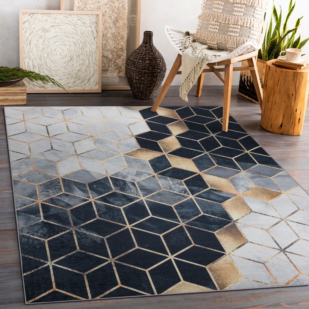 ANDRE 1171 covor lavabil cub, geometric anti-alunecare - negru / aur - SECUNDAR-COTATI PRODUSUL