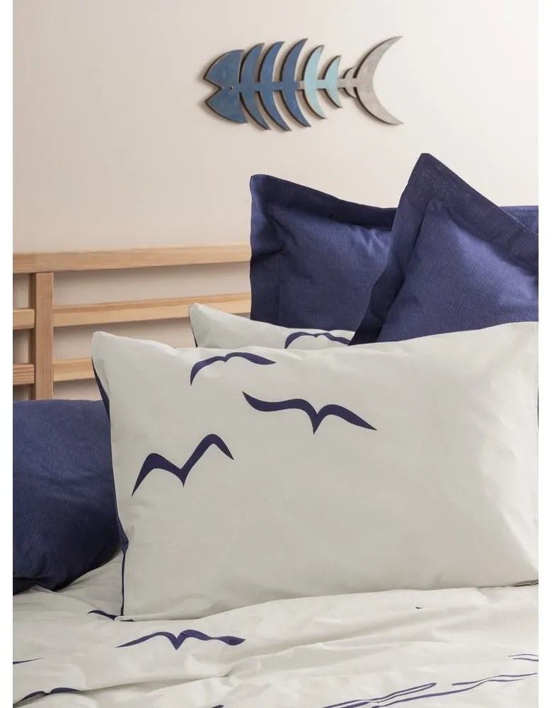 Lenjerie de pat albastră-crem din bumbac ranforcé pentru pat de o persoană 140x200 cm Larum – Mijolnir