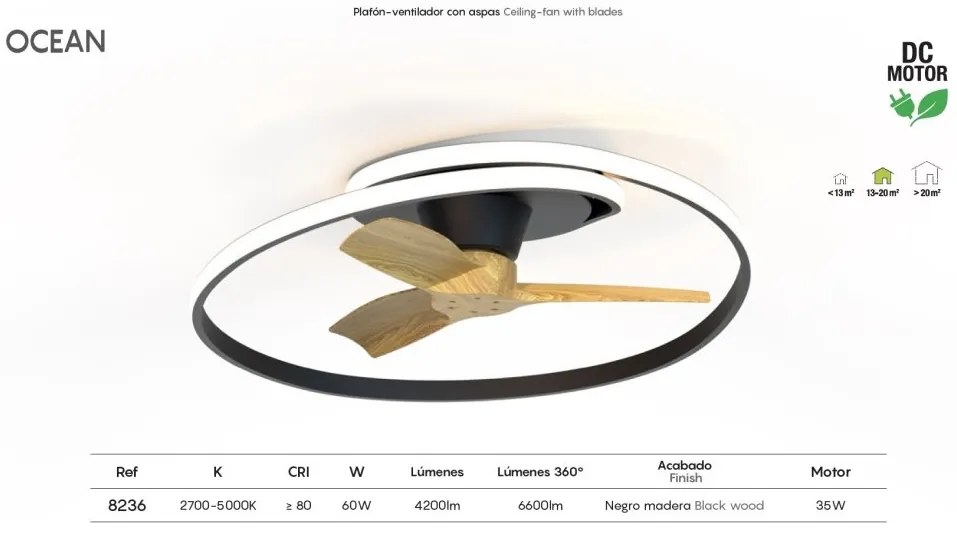 Lustra LED cu Ventilator si telecomanda OCEAN negru/lemn