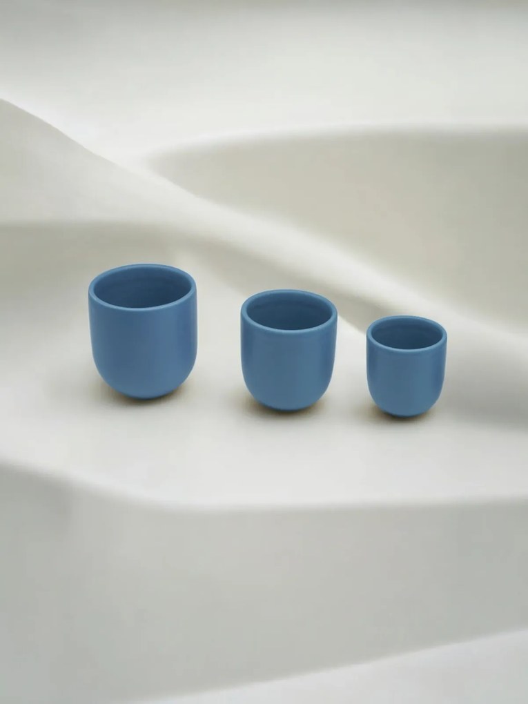Set 3 Pahare Cafea NOVUM Velaris Blue Moon (Luna Albastra Mat) - 250 ml, 150 ml, 80 ml - Gresie Ceramica Glazurata Manual