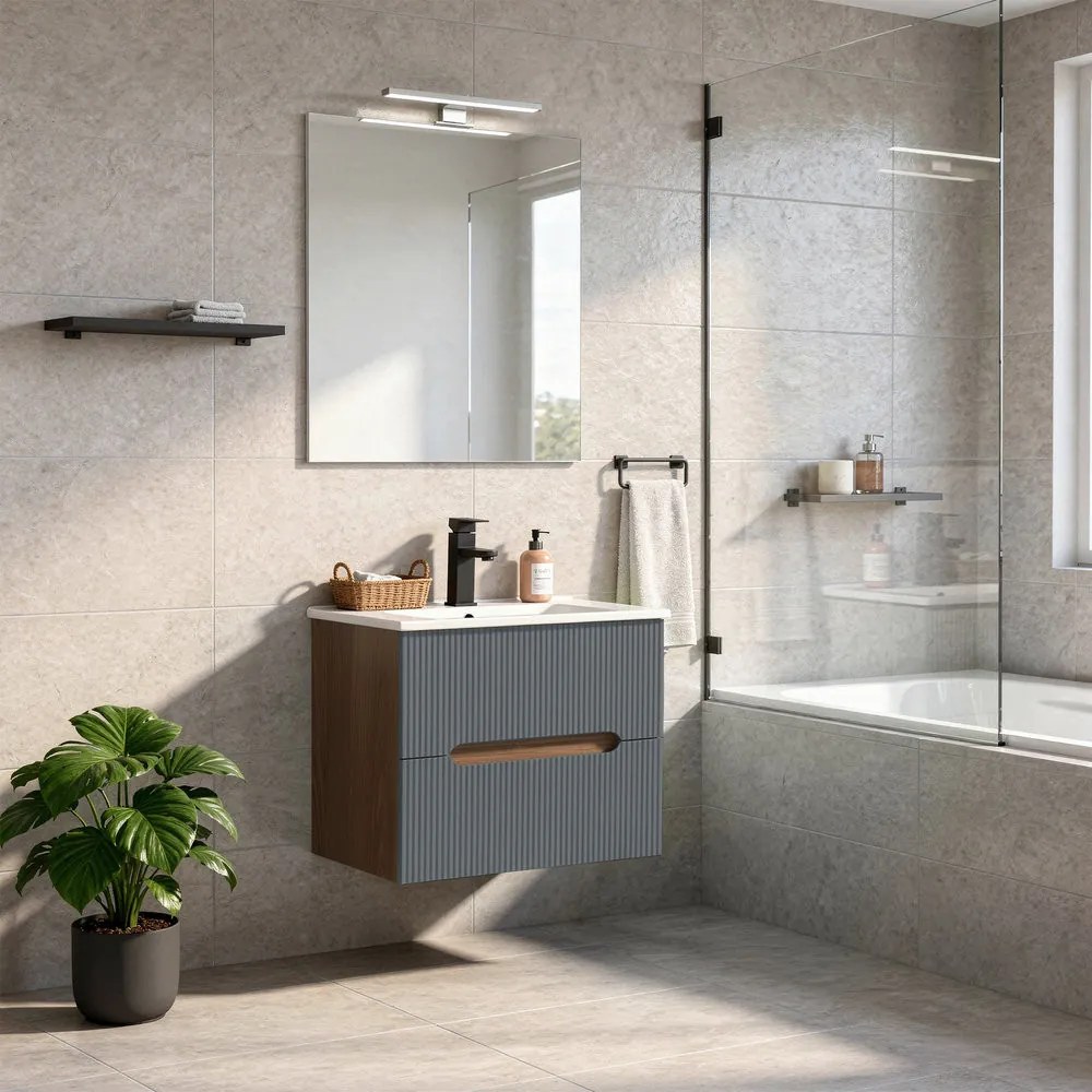 Trent mobilier de baie 60 cm chiuvetă ceramică (2 sertare) cu oglindă 60x80 cm stejar sunset-antracit gri