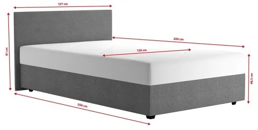 Pat tapițat DARIA, 120 x 200 cm, cu spațiu de depozitare și saltea, gri