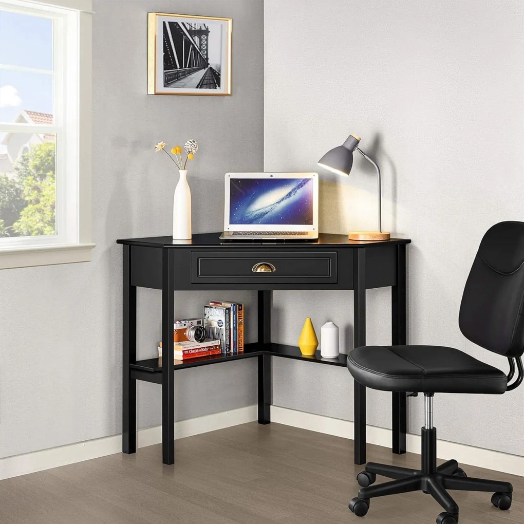 BIN201 - Masa de birou pe colt, 75 cm, home office cu 1 sertar - Negru