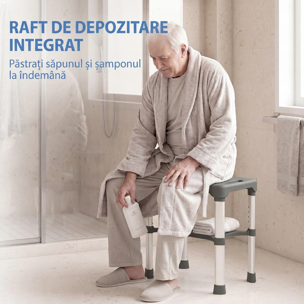 HOMCOM Scaun de Duș din Aluminiu cu Raft Integrat, Înălțime Reglabilă pe 5 Niveluri, Suport 150kg, Gri | Aosom Romania