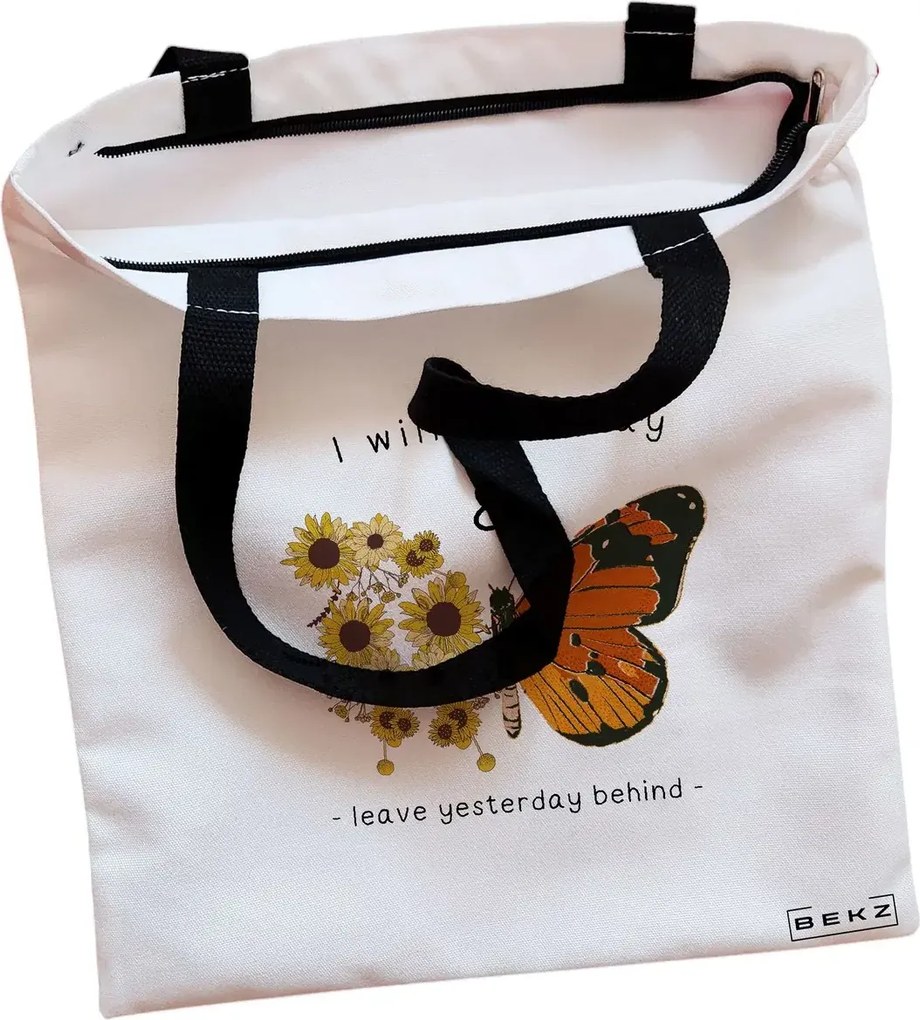 Sacosa de Panza pentru Cumparaturi, Geanta Tote, model Flight to Freedom, Cu fermoar, 38x34.5 cm, Alba, BEKZ®