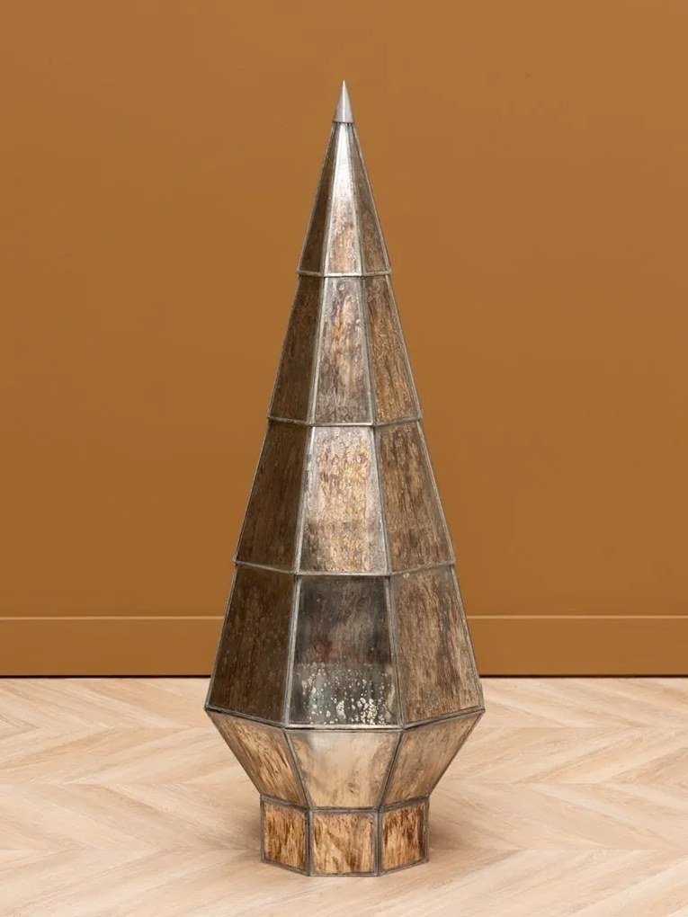 Brad decorativ din sticlă și metal, argintiu, formă conică, bază geometrică în trepte, finisaj patinat, 105 x 37 cm, „Grafik”