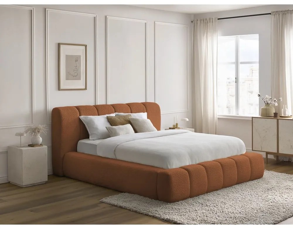 Pat matrimonial portocaliu tapițat cu spațiu de depozitare cu somieră 180x200 cm Denali – Bobochic Paris