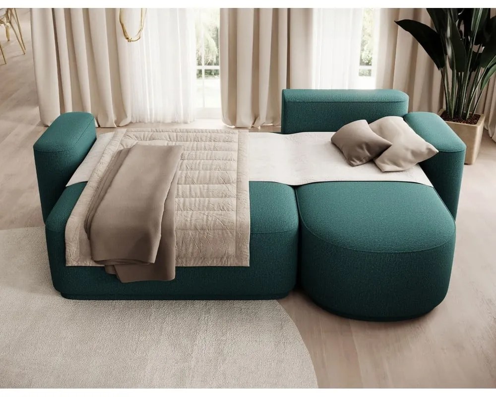 Colțar verde extensibil/cu spațiu de depozitare cu tapițerie din chenille (cu colț pe partea dreaptă/cu șezlong) Aurumm – ELTAP