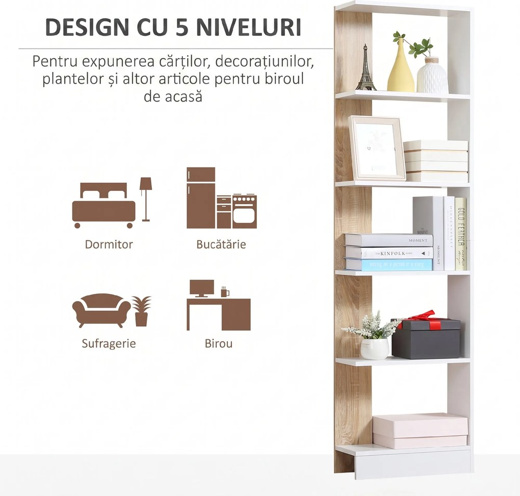 HOMCOM Bibliotecă de Perete cu 5 Rafturi și Dispozitiv Anti-Răsturnare din PAL 45x21x170 cm Alb Stejar | Aosom Romania