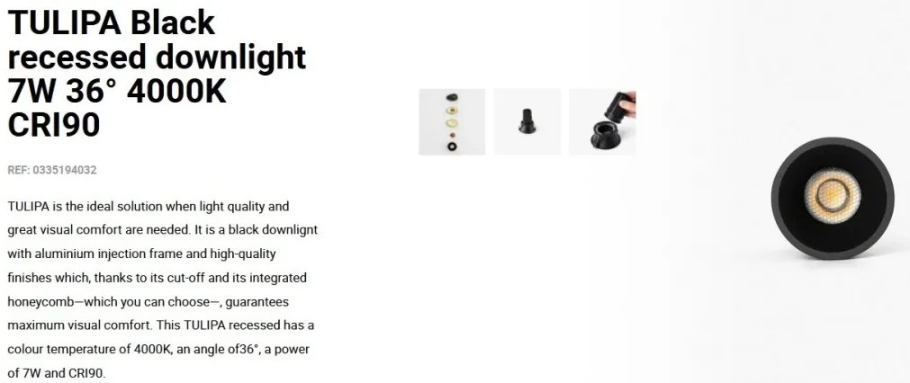 Spot LED incastrabil TULIPA Black recessed downlight 7W 36° 4000K CRI90
