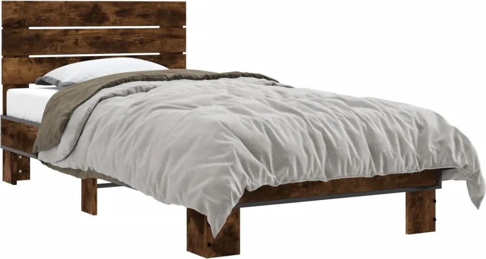 vidaXL Cadru de pat, stejar fumuriu, 75x190cm, lemn prelucrat și metal