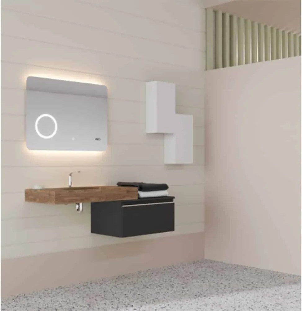 Oglindă lemn masiv cu Ceas Iluminare LED si Lupa Touch 80x60cm / 100x70cm - 80x60cm