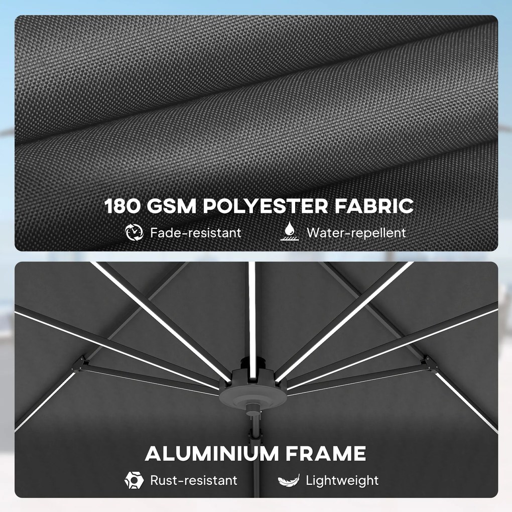 Outsunny Umbrelă de Soare Exterioară cu Lumini LED și Unghi Reglabil, Umbrelă de Grădină din Aluminiu și Poliester, Ø3x2.5 m, Gri | Aosom Romania