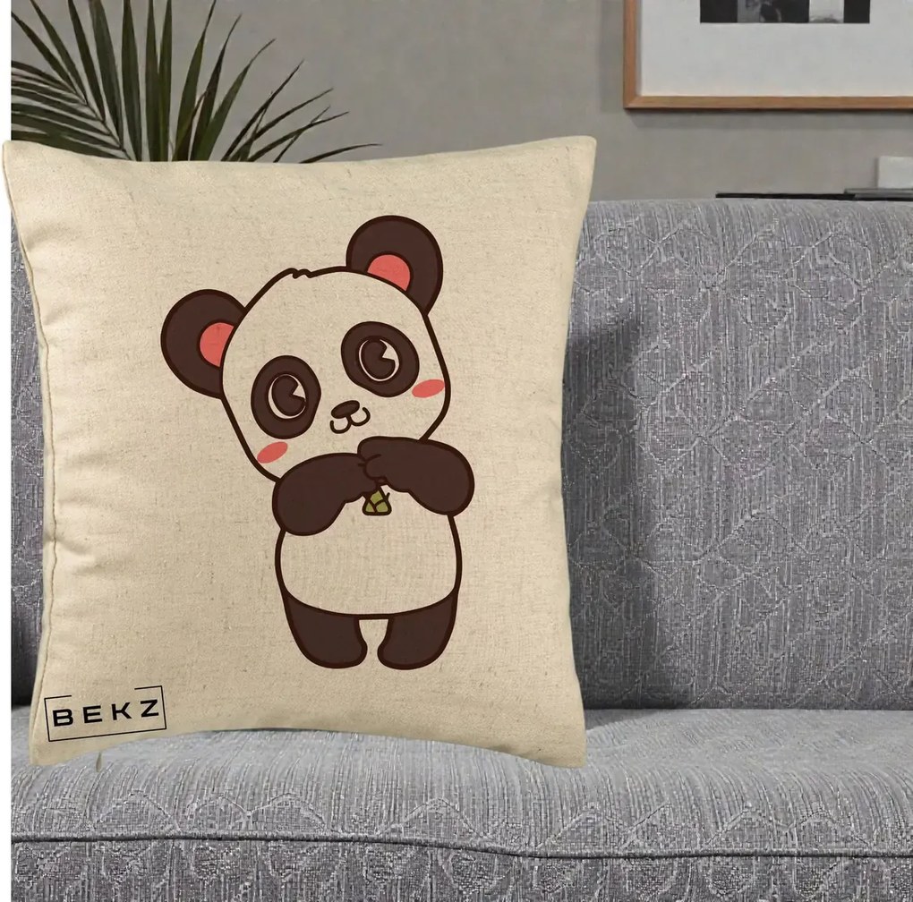 Perna Personalizata Panda Kawaii cu Bambus, 40x40 cm, Bej, Husa Detasabila, Perna Inclusa, BEKZ®