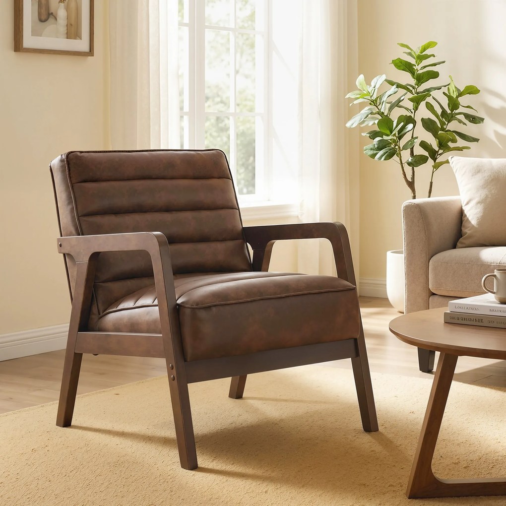 HOMCOM Fotoliu pentru living, fotoliu suplimentar tapițat din PU cu șezut lat, pernă groasă și structură din lemn masiv, maro | Aosom Romania