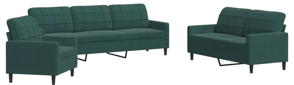 3278433 vidaXL Set de canapele cu perne, 3 piese, verde închis, catifea