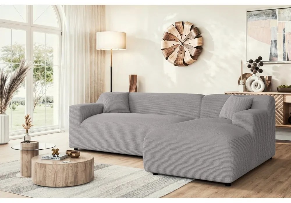 Colțar gri deschis cu tapițerie din catifea reiată (cu colț pe partea dreaptă, cu șezlong) Martin – Ropez