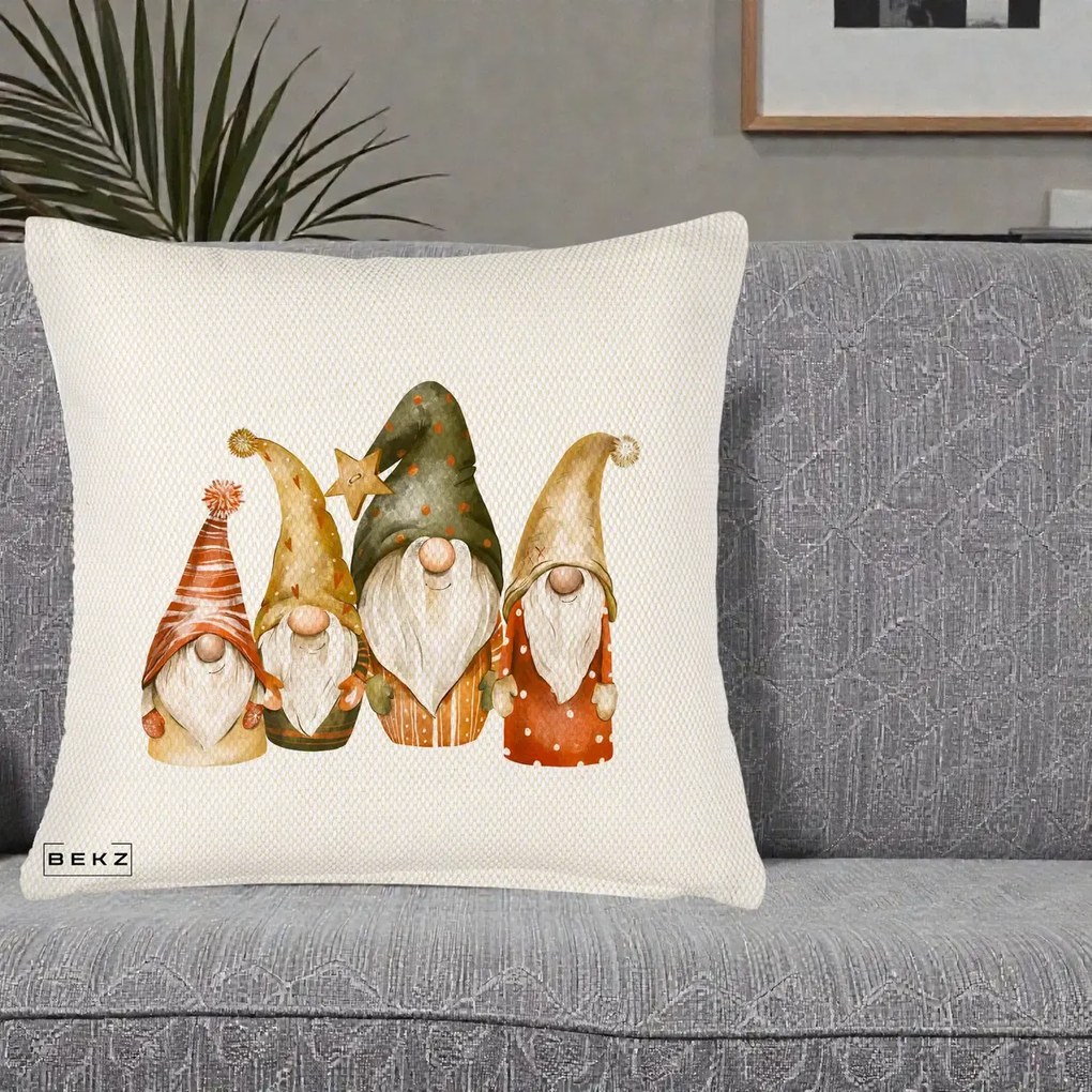 Perna Decorativa Gnomi de Craciun Patru, 40x40 cm, Crem Reliefat, Husa Detasabila, Perna Inclusa, BEKZ®